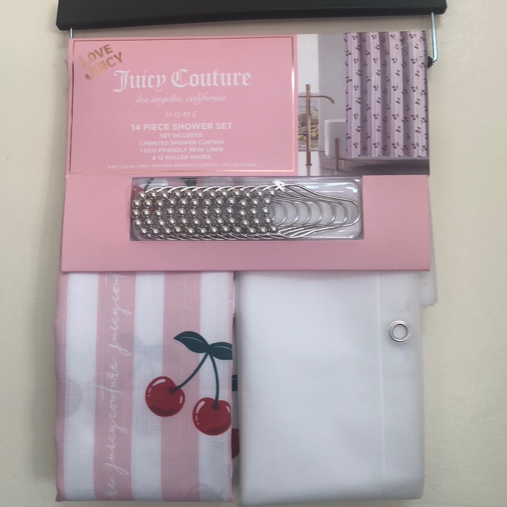 NWT Juicy Couture Pink Cherry Stripe Shower Curtain Set with Silver Hooks